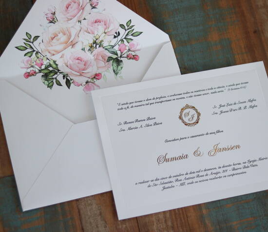 Convite de casamento com Hot Stamping brasão e nomes dos noivos